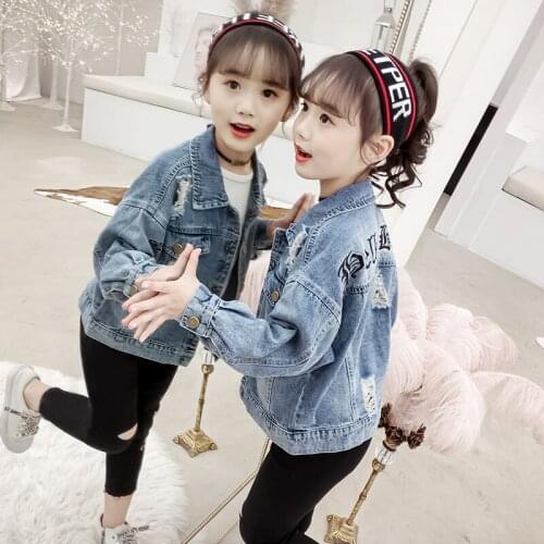 Letter Embroidery Kids Girls Boys Denim Jacket Clothes Vintage Hole Children Jeans Outerwear Clothing Loose Casual Denim Coats
