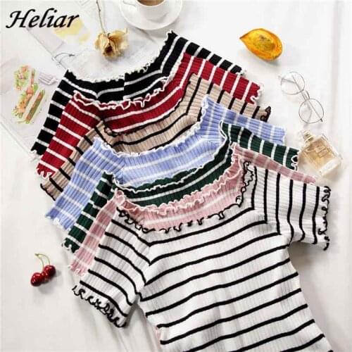 HELIAR Women T-Shirts Knitting Stripes Off Shoulder Flounce Hem Tees Women Short Sleeve T-Shirt Cute Crop Tops Women 2021 Summer