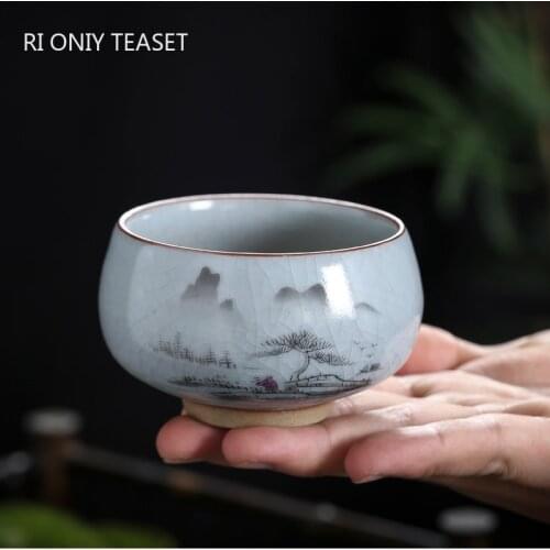 Boutique Ru Kiln Ceramic Teacup Hand Painted Flowers Meditation Cup Travel Tea Bowl Tie Guanyin Pu'er Master Cup Tea set Gifts