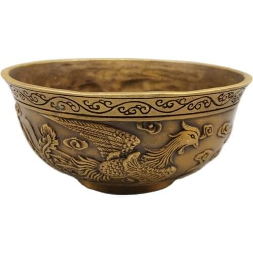 Chinese Old Bronze Statue Brass Double Phoenix Bowl