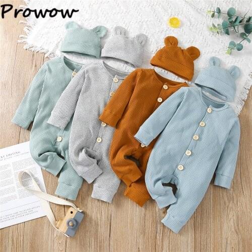 Prowow Newborn Baby Clothes Button Solid Cotton Babys Rompers and 1pcs Hat Winter Jumpsuit For Kids Baby Boy Overalls