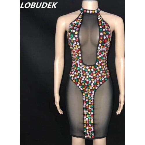 Multi-color Rhinestones Off Shoulder Mesh Dress Women Fashion Birthday Party Prom Transparent Crystals Outfit Bar Singer Costume