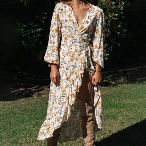 Fashion Split Dress Floral Print High Waist Breathable Ruffled Hem Dress for Summer