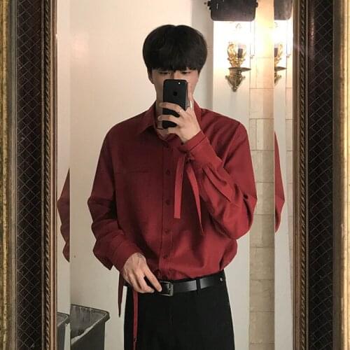 Long Sleeve Tops Casaul Design Mens Wear 2021 Autumn Fashion New White Red Shirt Male Trend Handsome Bandage Cuff