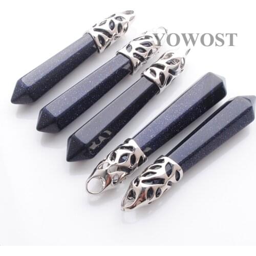 Wholesale 5pcs Dangle Pendants Natural Stone Blue Sand Reiki Chakra Healing Bullet Hexagonal Point Pointed Reiki Pillar QN3019