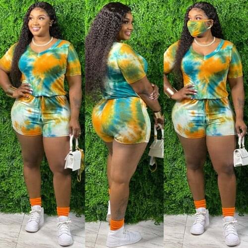Sexy Womens Zipper Short Sleeve Vest Tight Mini Shorts Fashion Tie Dye Printed Sportswear Street Casual Large Zipper Jumpsuit