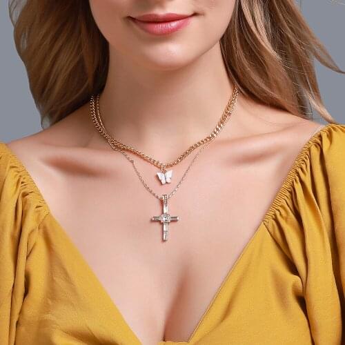 Retro Cross Pendant Choker Necklaces for Women Butterfly Letter Multistory Chain Necklace Jewelry Accessories Collares