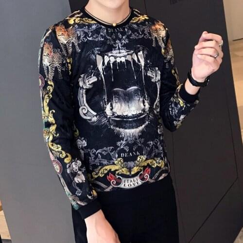 Royal Luxury Slim Fit Long Sleeve O Neck Velvet Velour Printing T Shirt Homme Club Outfit Men Autumn