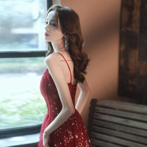 Burgundy Star Snowflake Sequins Sling Chiffon Evening Dress Bride Party Sexy Backless Prom Dresses Vestido De Festa