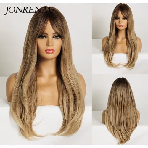 JONRENAU Synthetic Long Nautral Wavy Blonde Brown Wigs for Black White Women Daily Use High Temperature Fiber Hair Wigs