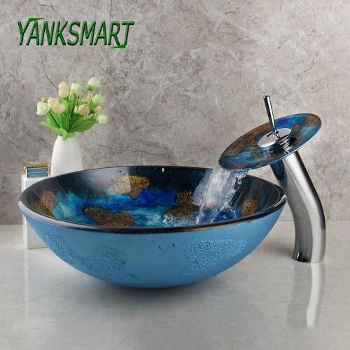 YANKSMART Bathroom Lavatory Basin Sink Tempered Round Glass Washbasin Faucet Combo Set Mixer Counter Top Tap With Pop-up Drain