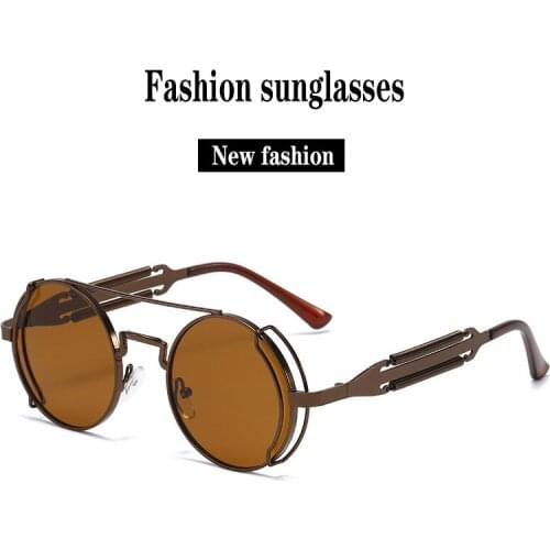 Fashion Round Frame Sunglasses Steampunk Metal Color Film Sunglasses for Men and Women Spring Leg Sunglasses