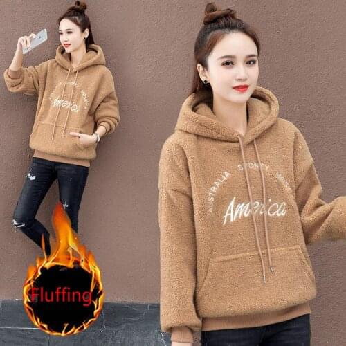 Womens sweater plus velvet thickened autumn and winter New Korean style base student loose hooded warm coat