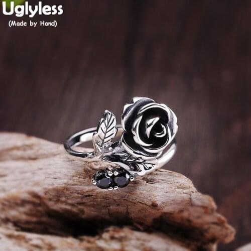 Uglyless Handmade Rose Flower Rings for Women Vintage Thai Silver Floral Open Rings Real 925 Sterling Silver Fine Jewelry R843