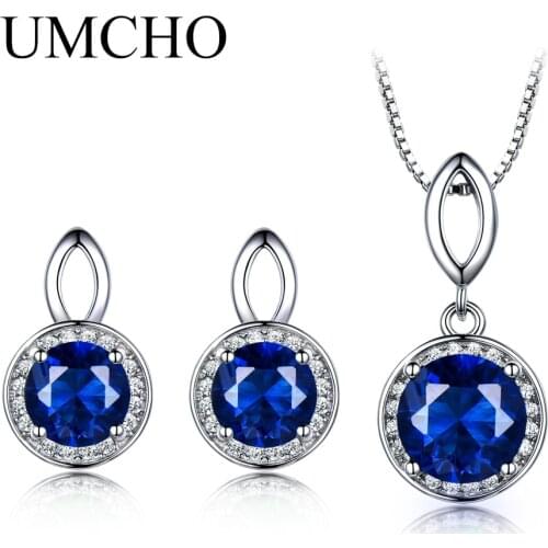 UMCHO Simple Solid 925 Sterling Silver Jewelry Nano Blue Sapphire Gemstone Jewelry sets for Women Bridesmaids Party Gift