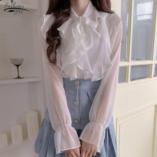 2021 Sweet Office Ladies Tops Bow Long Sleeve Womans Shirts Spring Ruffled Chiffon Blouse Women Casual Clothing Blusas 13864
