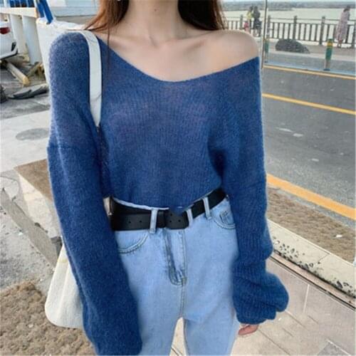 2021 Korean Women Solid Color Mohair Knitted Sweater V Neck Sweet Sweater Autumn Winter Pullover Loose Long-sleeve Sweaters