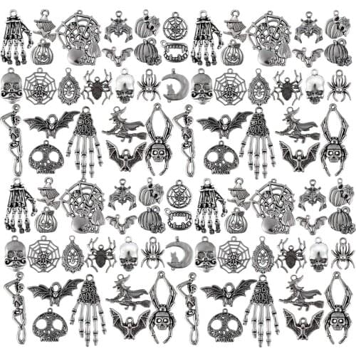 100 Pieces Halloween Charms Pendants Antique Silver Pendants Halloween Jewelry Making Accessory for DIY Necklace Bracelet