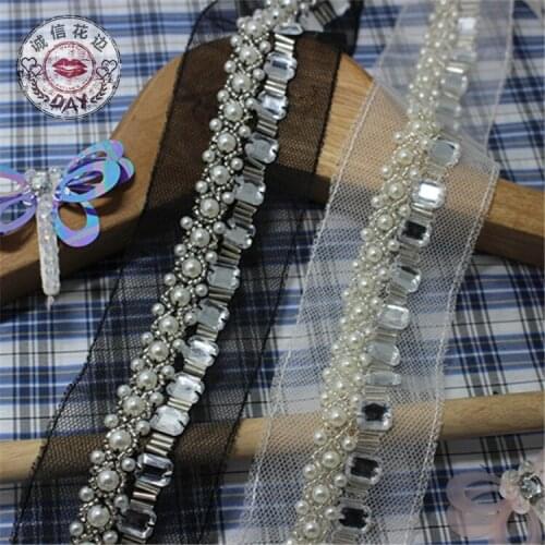 2yards/lot Fashion Handicraft White Rhinestones Mesh Lace Embroidered Lace Ribbon DIY Sewing On Costume Appliques Beaded Laces