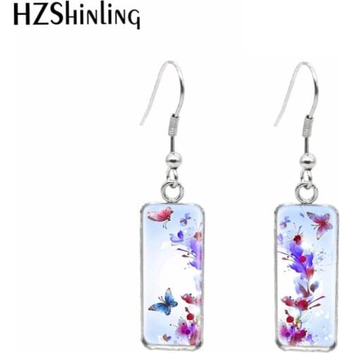 Rectangle French Hook Earrings Glass Dome Butterfly Flyling Flower Pattern Stainless Steel Hook Ear Accessories