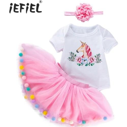Baby Girl Princess Clothes Set First 1st Birthday Party Outfit Cartoon Animal Print Romper Rainbow Mesh Tutu Dress Headband 3pcs