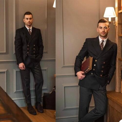 Double Breasted Tuxedo Suit Men Business Work Wedding Formal Sets Solid Jacket with Pant Slim Fit England Casual Clothing