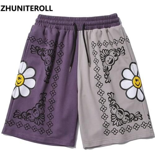 Harajuku Fashion Shorts Men Patchwork Smile Flower Print Streetwear Hip Hop Short Sweatpants Jogger Baggy Skateboard Trousers