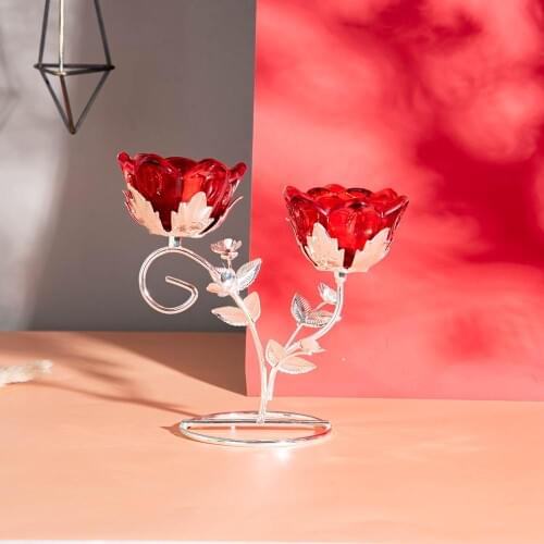 Personality Red Double Rose Crystal Candle Holder Tea Light Candlestick Holder Centerpiece Wedding Home Decor