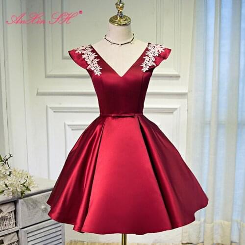 AXJFU Korean banquet short princess wine red satin evening dress princess v neck fashionable blue satin bow evening dress