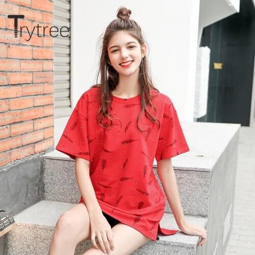 Trytree Summer Woman Casual T-shirt O-neck Print 2 Color Long T-shirt Fashion Loose All-Purpose Style Split hem T-shirt Top