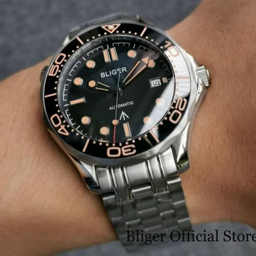 BLIGER Brand Men Watch MIYOTA8215 NH35A Self Winding Mental Band Rotating Bezel Ceramic Bezel