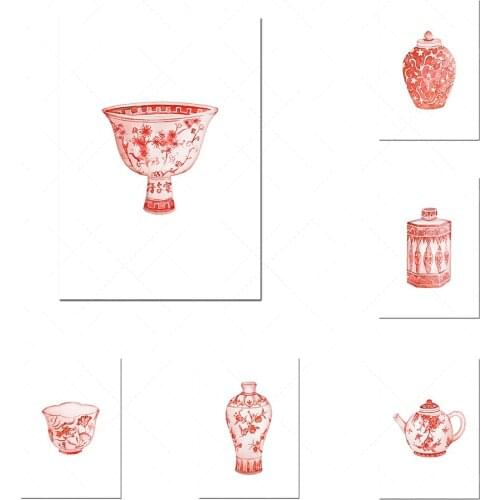 Watercolor Chinoiserie Printable Art Set 9 Porcelain Posters, Red and White Chinoiserie Art Prints Red Porcelain Vase Prints Asi