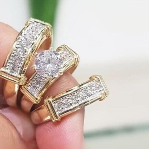 New Product Golden Color Couple Three-piece Set Inlaid Crystal Ring European and American Fashion Three-in-one Ring Whole Sale