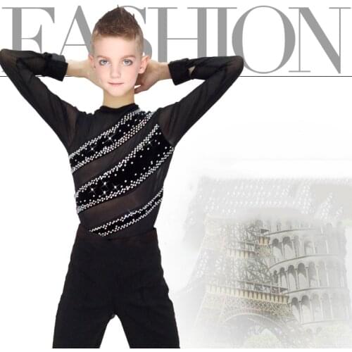 2019 New Boys Costume Dance Top Rhinestone Perspective Latin Practice Wear Cha Cha/Ballroom Competition Latin Dance Tops VDB720