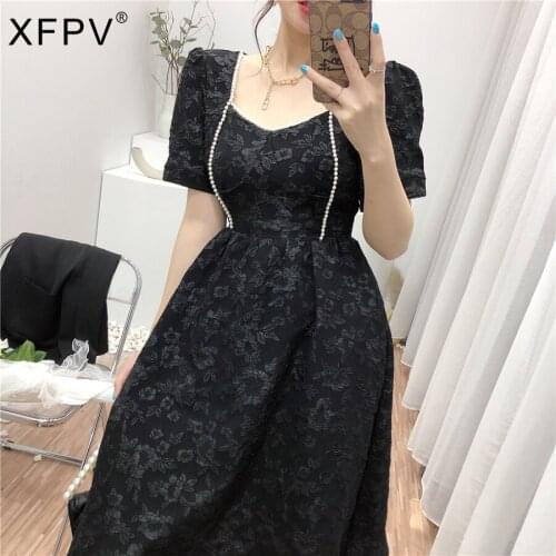 XFPV 2021 New Spring And Summer Fashion Casual High Waist A-shaped Large Pendulum Medium Long Thin Dress Female Vestidos SL875