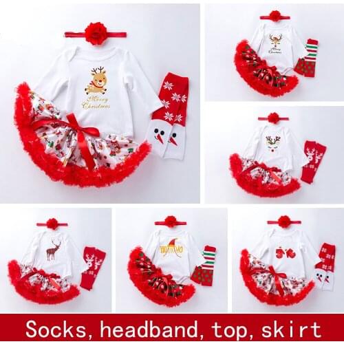 Fall Winter 5PCS/set Newborn Baby Girl Christmas Short Sleeves Bodysuit Babysuit Headband Socks Mesh Skirt Clothes Set 0-36 Mont