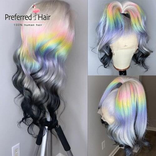 Preferred Highlight Transparent Lace Wigs Rainbow Lace Front Wig Preplucked Brazilian Remy Lace Front Human Hair Wigs For Women