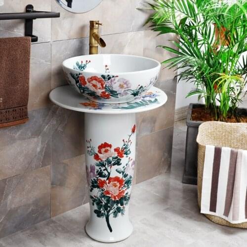 Pedestal Basin Jingdezhen Art Hand Painted Ceramic Washbasin Toilet Vertical Pedestal wash Basin