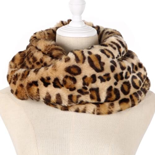 2018 Fashion Yellow Winter Faux Fur Leopard Print Womens Warm Loop Lic Tube Scarfs Neck Snood Scarf For Ladies
