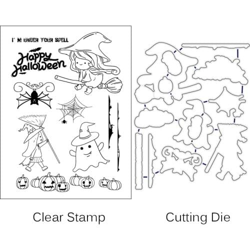 AZSG Halloween Cute Witch Cutting Dies Clear Stamps For DIY Scrapbooking Decorative Card making Crafts Fun Decoration Supplies