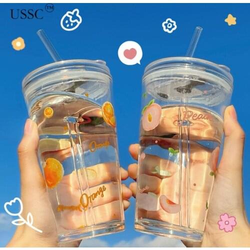 USSC Breakfast Cup Straw Glass Water Cup Scale Fruit Juice Cup Milk Tea Household Lovely Transparent Milk Cup With Cover HZ065