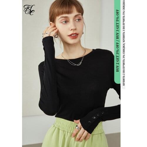 FANSILANEN Office Lady Loose Long-sleeved Black T-shirt Female Autumn 2021 New Thin Round Neck Slim Casual Top For Women
