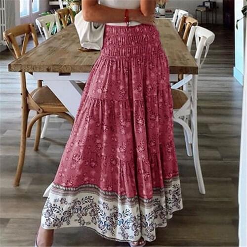 Boho Casual Print Maxi Skirt Women Summer Fashion Sexy High Waist Skirts Womens 2021 Pink Beach Floral A-line Long Skirts Femme