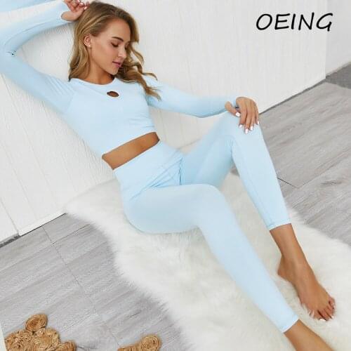 Long Sleeve 2 Piece Yoga Workout Suits Women Exercise Clothing Seamless Crop Top and Leggings Sport Set