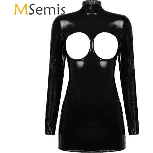 Womens Lingerie Bodysuit Wet-Look Patent Leather Stand Collar Bare Breast Open Cup Open Butt Zipper Mini Dress Ladies Clubwear