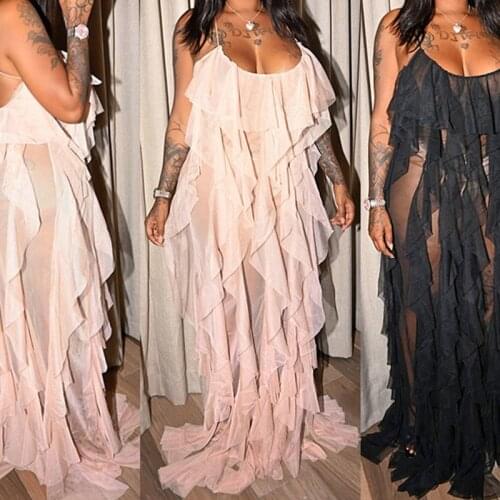 Summer Party Banquet Ladies Fashion Dresses 2021 Women Sling Ruffle U Neck Backless Maxi Irregular Pullover Mesh Solid Vestidos