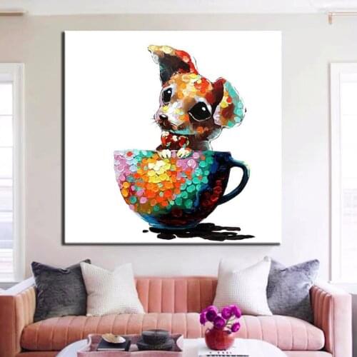 100% Handmade Animal Oil Paintings Cute Dog Abstract Painting on Canvas Living Room Childrens Room Wall Pictures No Framed
