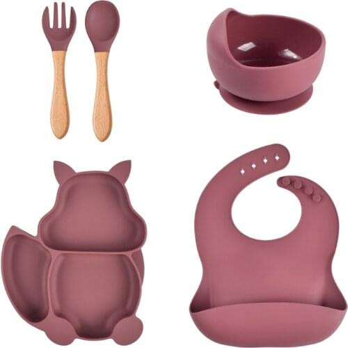 5PCS/SET Children Safety Cute Squirrel Shape Plate Suction Bowl with Spoon Fork Baby Bibs Toddler Baby Training Feeding Supplies