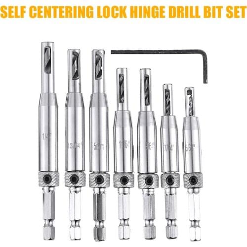 7Pcs Self Centering Drill Bits Lock Hinge Drill Set Carbide Wood Cutter Tools Sets Hardware Drawer Pilot Hole Guides