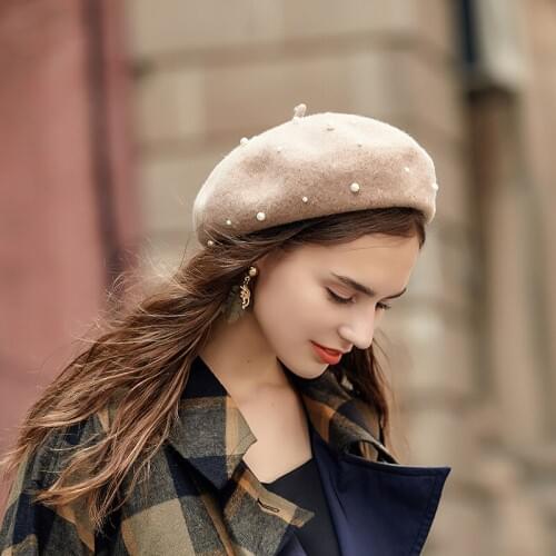 French Simple Wool Beret For Elegant Women Lady Female 100% Wool Hats Pearl Solid Color Vintage Casual Autumn Winter Girl Caps